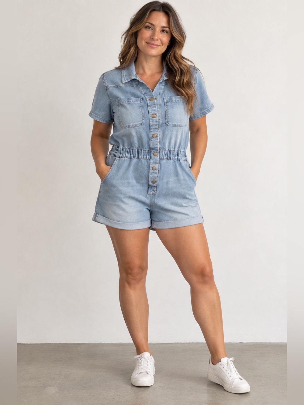 Celebrity Pink Light Wash Denim Utility Romper Size L